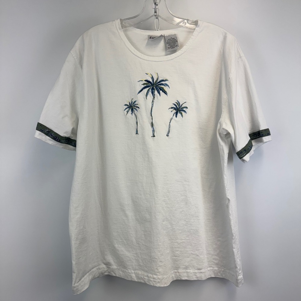 Capacity Womens 1X White Cotton Tropical Palm Tree Embroidered T-Shirt Short Slv